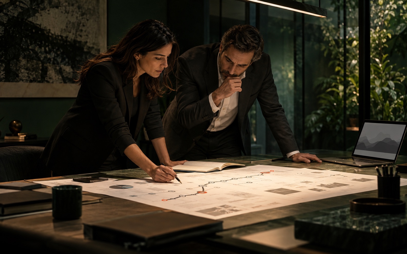 Escena ilustrativa: dos profesionales revisan juntos un mapa de procesos de negocio.