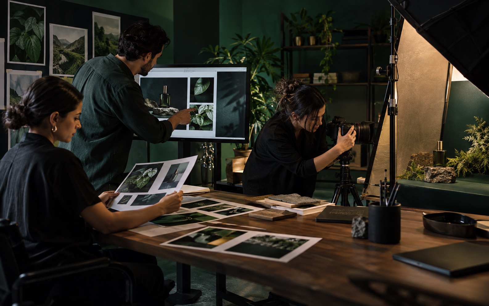 Escena ilustrativa: un equipo produce piezas visuales para una campaña y revisa materiales impresos.
